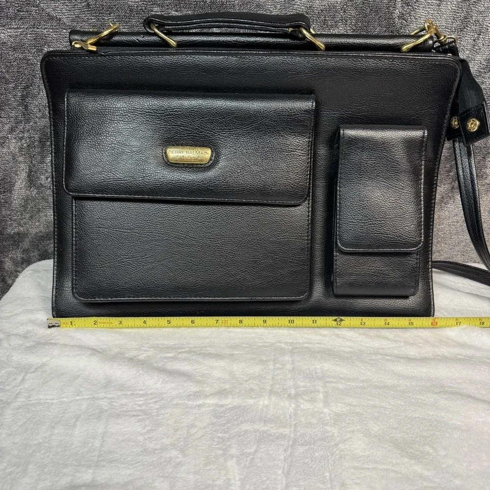 Pierre BALMAIN Paris Vintage Leather Briefcase Black Gold 80s Laptop Bag